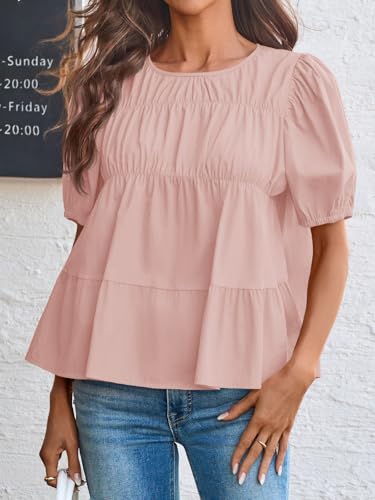 Image of Tankaneo Womens Puff Sleeve Peplum Babydoll Tops Summer Flowy Pleated Cotton T-Shirts Casual Loose Fit Cute Blouse