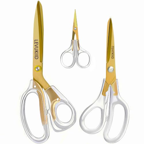 LEVUKIID Scissors All Purpose Set Titanium Plated Stainless Office Scissors Sharp Ergonomic Handle for Office Home School Craft Household Use 9.5 Inch/Gold