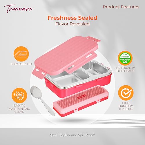 Image of Trueware Crest Lunch Box 2 Compartment Leak-Proof BPA Free Stainless Steel, Lunch Box for Kids, Lunch Box for School & Office with a Spoon, 580 ML (LBK-Crest-Pink BAZ)