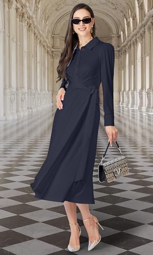 Image of KOH KOH Womens Long Sleeve Flowy Wrap Collar Fall Modest Office Midi Dress