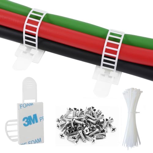 50Pcs Adhesive Cable Management Clips with 50Pcs Zip Ties, Adjustable