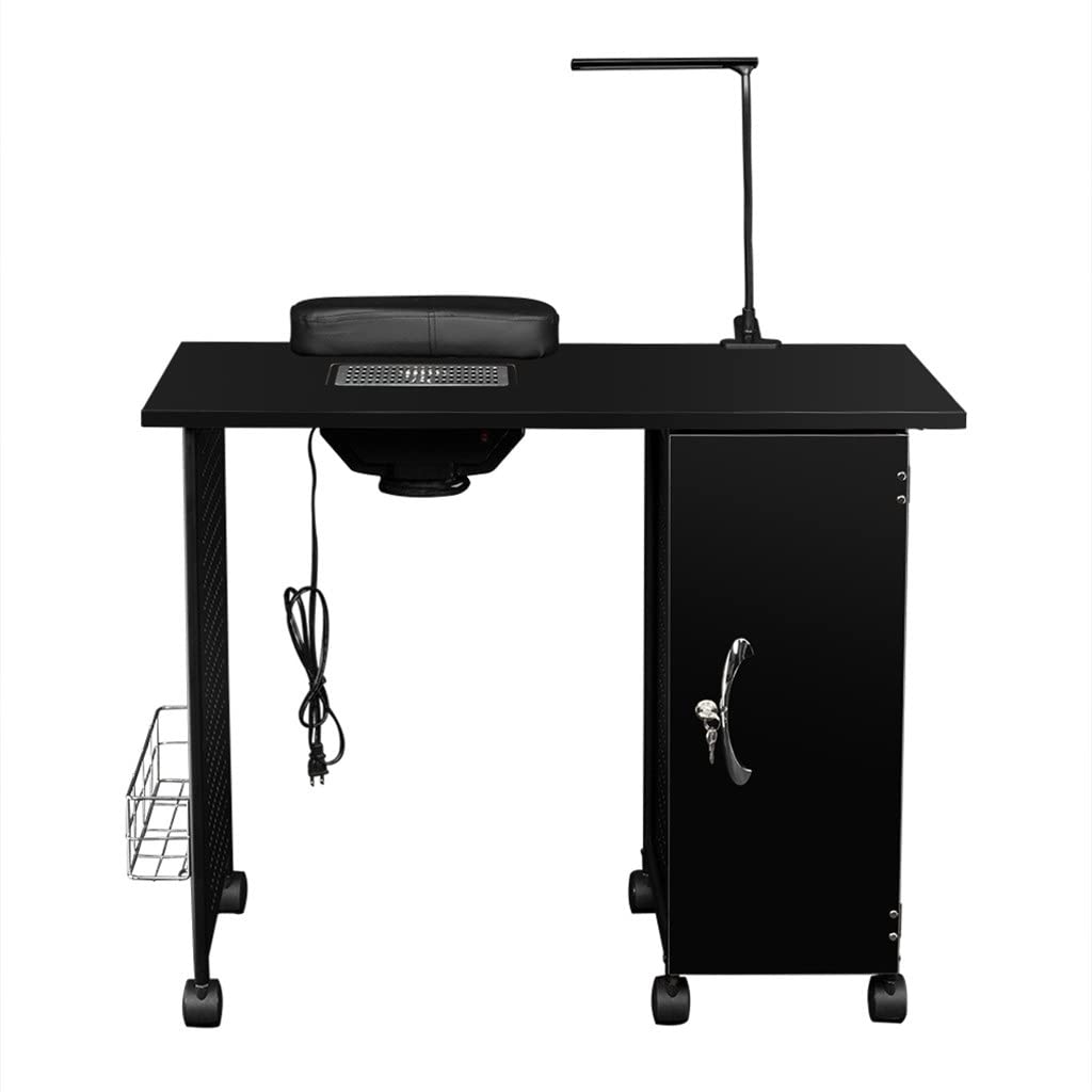 Manicure Nail Table Station Steel Frame Beauty Salon Equipment Drawer with LED Lamp Black ブラック