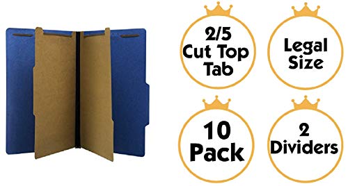 The File King Pressboard Classification Blue Partition File Folder | Legal Size - Box Of 10 | Two Dividers | Six 2” Durable Fastener Prongs | 2/5 Cut Top Tab | 2” Expansion #TOP1