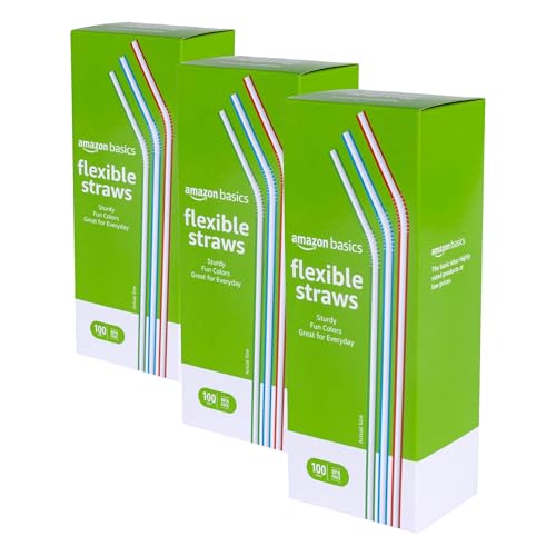 Amazon Basics Disposable Striped Plastic Flex Straws, 7.5" Long, Assorted Colors, 100 Count, Large Pack (Pack of 3)
