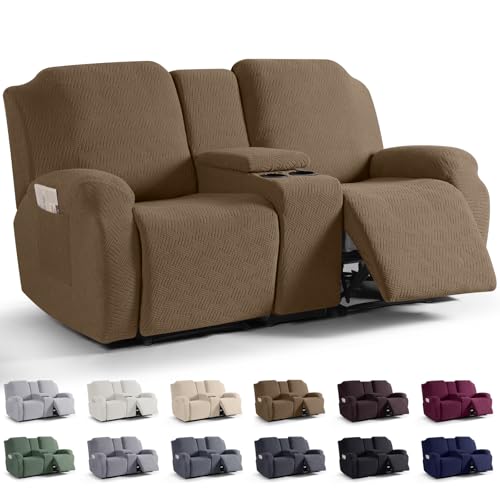 Image of KinCam Loveseat Recliner Covers with Middle Console Slipcover, Recliner Sofa Covers 2 Seat Couch Cover Stripe Jacquard Furniture Protector Covers with Elastic Bottom for Kids, Pets (Brown)