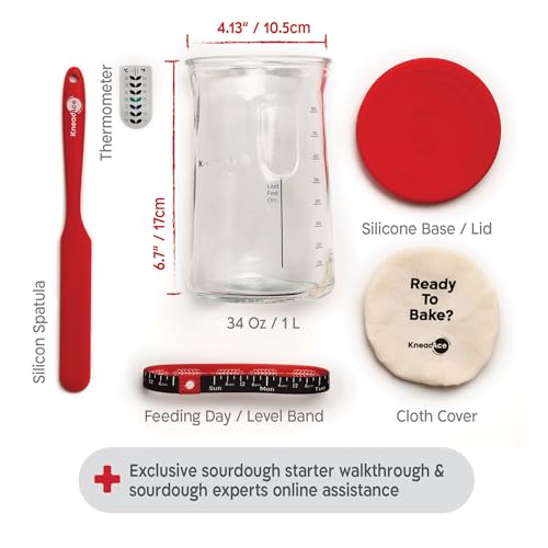 KneadAce Sourdough Starter Kit – 34oz Starter Jar, 2 Cotton Rope Banneton Proofing Baskets, Magnetic Bread Lame for Scoring – Gift for Bakers & Complete Sourdough Bread Baking Set