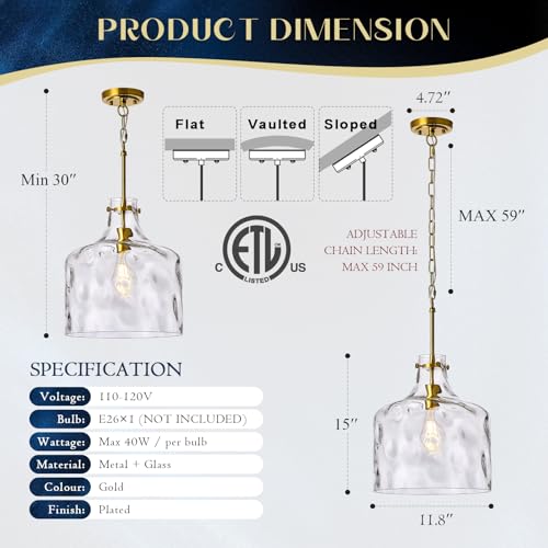 Image of 12 inch Gold Farmhouse Pendant Light, Hammered Glass, E26 Hanging Light