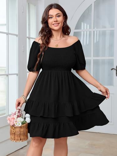 Womens Plus Size Summer Dresses Tiered Square Neck Short Sleeve Smocked A Line Ruffle Layered Swing Short Mini Dress3
