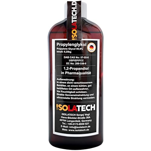 ISOLATECH Propylène Glycol 0,25L (250ml) 99,9% Qualité Pharmaceutique | Pour Alimentation & Cosmétique | Incolore, Inodore | 1,2 Propanediol | Fabriqué en Allemagne