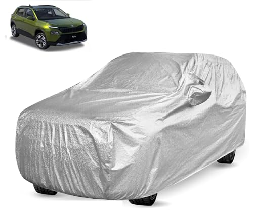 Image of Auto Hub Car Cover Compatible with Skoda Kylaq with Mirror Pocket, Soft Cotton Lining, Kylaq Car Cover Waterproof - Metallic Silver
