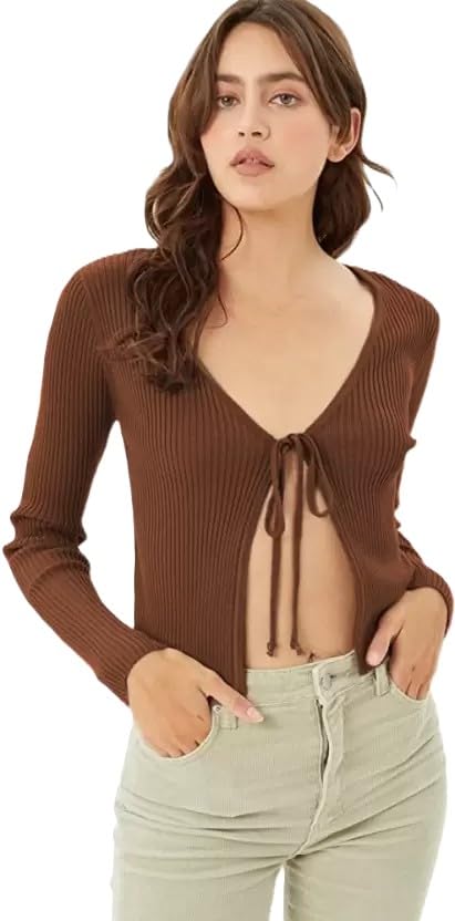 Solid V Neck Cardigan Full Sleeves Regular Fit Casual Ribbed Top for Women-image-46