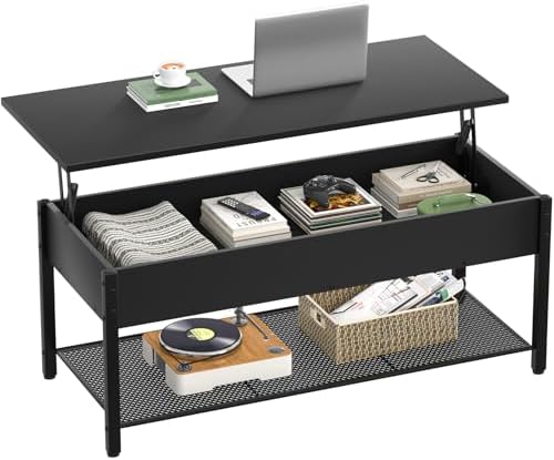Homieasy 41.7" Lift Top Coffee Table for Living Room, Wood Center Table with Hidden Compartment and Storage Shelf, Modern Rising Tabletop Desk for Small Space, Black