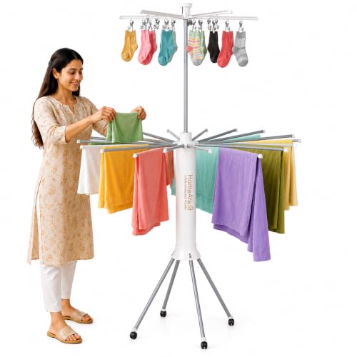 Image of 360 Rotating Clothes Drying Stand with 16 Aluminum Drying Rods & 20 Stainless Steel Clips | Foldable Indoor Outdoor Laundry Drying Rack | 4 Wheels | Compact Space Saving Cloth Dryer Stand