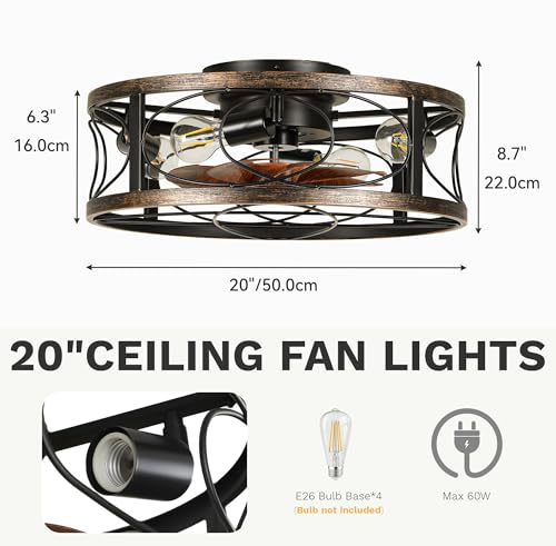 DWVO 20 Inch Caged Ceiling Fan with Lights and Remote, Farmhouse Flush Mount Low Profile Ceiling Light Fixture with Reversible DC Motor, 6 Speeds, for Living Room, Dining Room, Bedroom (Brown + Black)