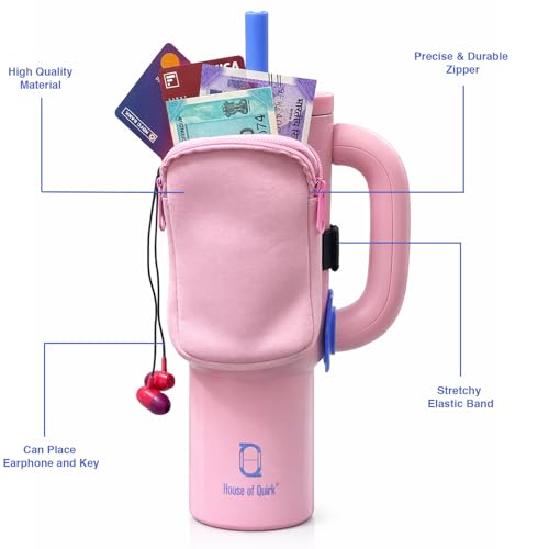 Image of House of Quirk Water Bottle Carrier Bag for Cards, Key 40 /30 oz Tumbler Neoprene Water Bottle Holder Pouch with Adjustable Strap (Pink)