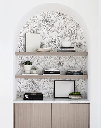 Jiffdiff Black And White Floral Wallpaper Peonies Removable Peel And Stick Floral Wallpaper Sketched Floral Self-Adhesive Prepasted Wallpaper Wall Decor (Sketched Floral (17.3" X 118") #TOP6