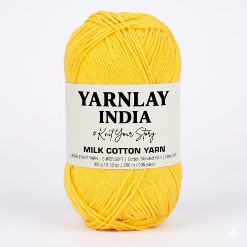 Image of Yarnlay 3 Ply Soft Milk Cotton Yarn for Crochet Knitting, Amigurumi, Punch Needle .DIY Crafts, Summer Wear,Flowers Toys & Cushion Covers 100g (250m) (Shade 8: Sunshine Yellow)