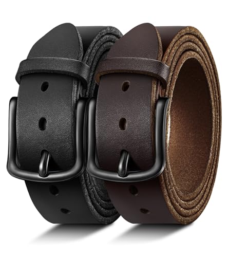Image of BULLIANT Men Belt 2Pack-Leather Belt 7Holes Comfortable For Men's Dress Casual Jeans 1 3 /8 inch