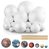 Kit de modelo de sistema solar de 40 piezas, 20 bolas de poliestireno blanco de tamaño mixto con 20 palos de bambú de 24 cm, manualidades de planetas para niños, proyectos de ciencia escolar