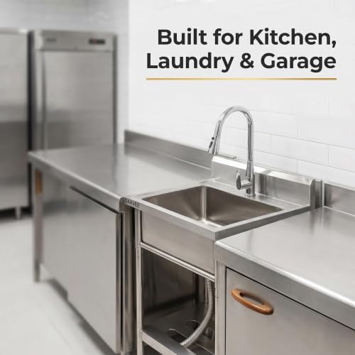 Image of Garvee 24 inch Stainless Steel Sink Freestanding Utility Sink with Large Single Basin, Pull-Out Hot & Cold Brass Faucet, Storage Shelf, Drain Kit - Heavy Duty Restaurant Laundry basin for Garage, Kitchen