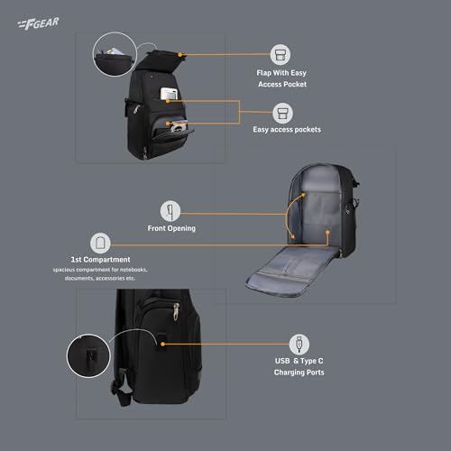 Image of F Gear Saber Premium Black Laptop Backpack| 23L Water-Resistant Office & College Bag | 2 compartments 5 Pockets| USB & Type C Port, Luggage Strap, Fits 17 Inch Laptop |Men & Women