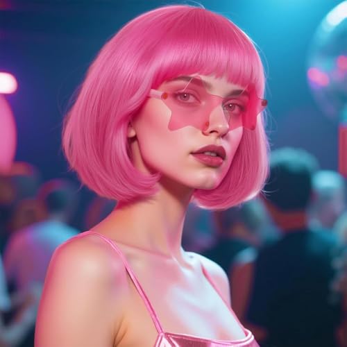 Image of ANOGOL Rose Red Bob Wig with Bangs Pink Wigs for Women Colored Wigs Party | Hair Cap+ Sunglasses Short Neon Wig Bachelorette Party Funny Outfit Pink Costume Women Halloween Night Club Crazy Hair Day
