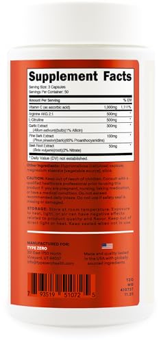 Image of Type Zero Nitric Oxide 6X Booster, 150 Veggie Capsules - Natural Supplement - Beetroot, Arginine AKG, Citrulline, Pine Bark, Garlic & VIT C | Nitrous Oxide (Pack of 2)