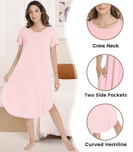 Image of NACHILA Nightgowns for Women-Viscose Made from Bamboo, Short Sleeve Nightshirts Cool Sleep Dress Long Sleep Shirt