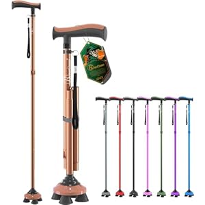 BeneCane Walking Cane for Men & Women Walking Stick for Seniors Folding Canes Quad Cane Adjustable Lightweight Sturdy Collapsible Heavy Duty with Soft TPR T-Handle and Travel Bag
