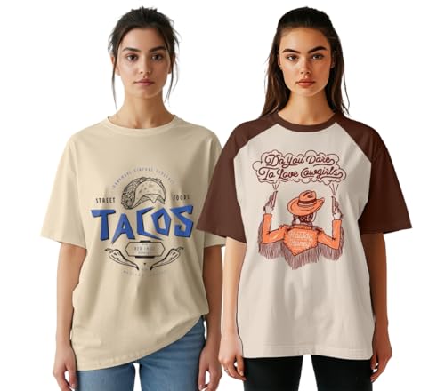 Image of JUNEBERRY 100% Pure Cotton, Pack of 2,Round Neck, Oversized Loose,Drop Shoulder,Graphic Printed, Half Sleeve T-Shirts for Women & Girls, in Different Colors, with Sizes Range from S to 2XL.
