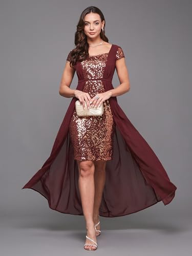 Image of Miss Chase Women's Round Neck Sleeve Embellished Fit Flare Maxi Dress