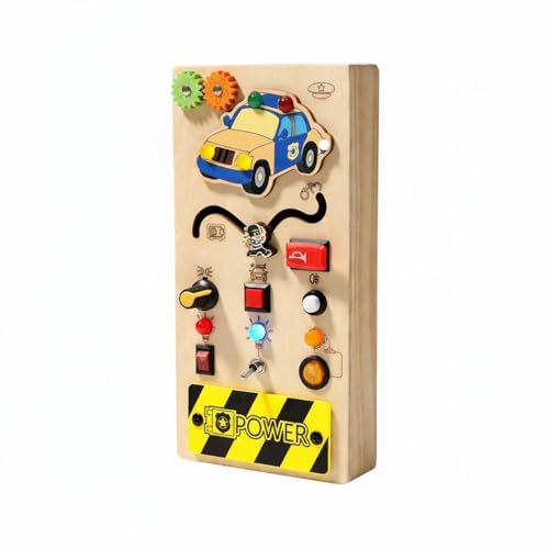 Tablero de policía infantil de madera con luces LED y panel sensorial interactivo