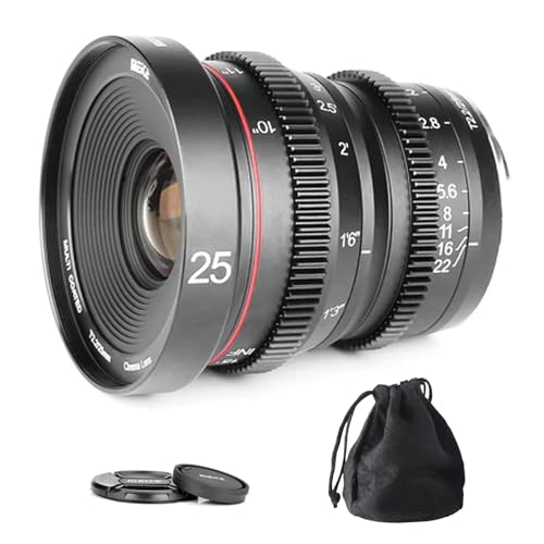 Meike 25mm T2.2 Mini Lente de Cine de Gran Apertura con Enfoque Manual y Baja distorsión, Compatible con cámaras Micro Four Thirds M43 MFT Olympus/Panasonic Lumix y BMPCC 4K Zcam E2