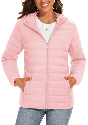 TAVCASEN Womens Quilted Jacket Windbreaker Down Jacket Lightweight Hooded Jackets with Pockets Winter Warm Coat,Pink,M