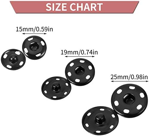 Opopark Press Studs Snaps Fasteners Buttons (25mm 15 Sets), Rust Proof Metal Coat Invisible Sew-on Black Buttons for Purse Handbag Clothes Sewing Craft DIY Supplies
