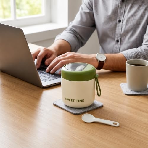 Image of Portable Food Container 430ml with Spoon | Silicone Sealed Lid & Pressure Release Vent | Compact Lunch Pot with Carry Loop for Snacks Meals Office School & Travel - White