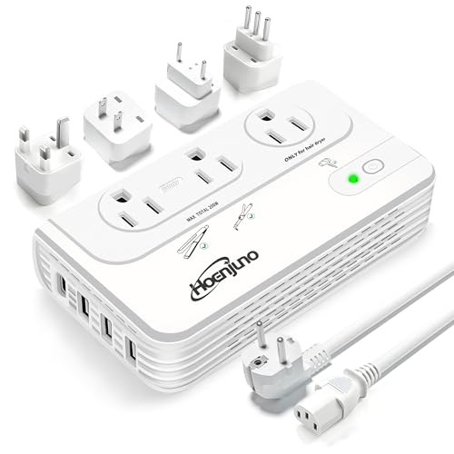 Hoenjuno 2000W Voltage Converter for Hair Dryer, 220V to 110V Converter for Curling Iron, Straightener with 3 AC Outlets and 4 USB Ports UK Adapters for Travel