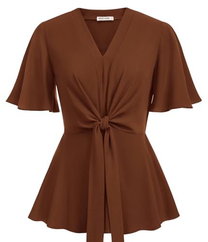 Image of GRACE KARIN Women's Elegant V-Neck Tie Waist Flowy Peplum Shirt Tops
