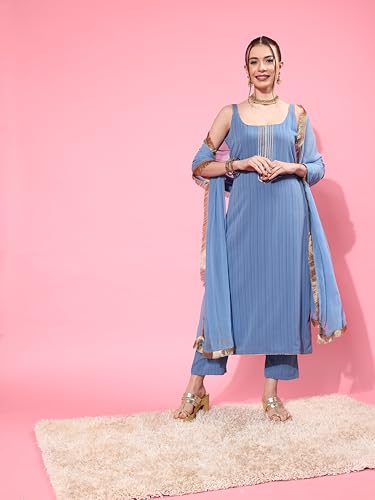 Image of Varanga Women Blue Straight Kurta With Tonal Bottom & Dupatta