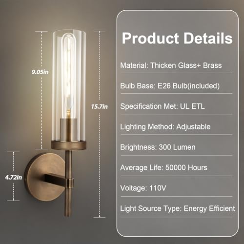 Image of Bronze Wall Sconces, 15'' Brushed Brass Knurled Bathroom Sconces Wall Lighting Vanity Light with Clear Glass, Indoor Wall Mount Light for Living Room Mirror Bedroom Stairs