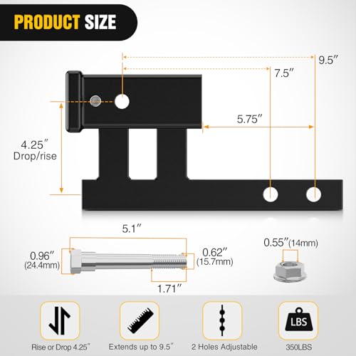Image of Nilight Trailer Hitch Extender Adapt 1-1 /4 Inch to 2 Inch Receiver, 4-1 /4 Inch Rise or Drop with Bolt Nut Clip 350 lbs TW Adjustable Extend 7.5 inch and 9.5 inch Length Matte Black Powder Coated