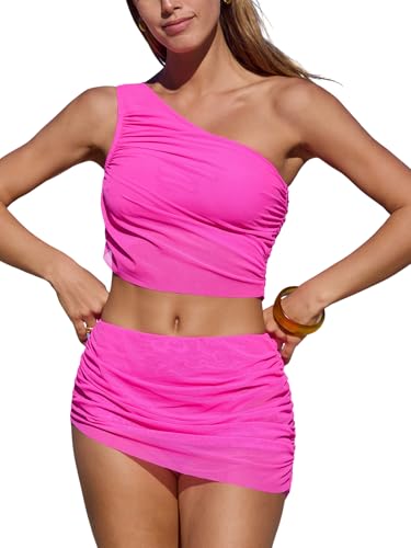 CUPSHE Women's Bikini Sets Two Piece Swimsuit One Shoulder Ruched Mesh Mid Rise Skirt Bottom Asymmetrical Swimwear Swimming Costume Neon Pink M