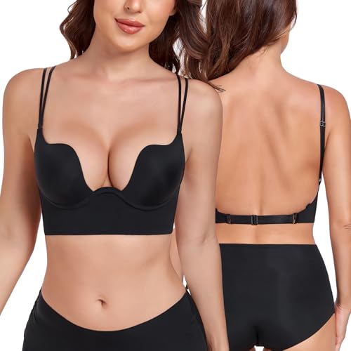 Image of Lemorosy Plunge U Backless Push Up Bra Multiway Convertible Low Cut Underwire Bras for Women