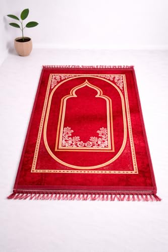 Image of Janamaz Prayer Mat Turkey Soft Velvet | Namaz Mat, Janimaz Namaz Aasan, Islamic Prayer Rug for Salah | 70x110 CM (Printed Red1)