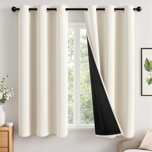 MIULEE Cream 100% Blackout Curtains for Bedroom 63 Inch Long 2 Thick Layers Thermal Insulated Black Out Window Curtains with Black Liner Noise Reducing Grommet Living Room Drapes 2 Panels Set Ivory