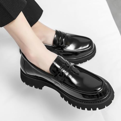 Image of Men's Leather Platform Chunky Slip-On Penny Loafers Classic Round Toe Lug Sole Business Casual Formal Work Shoes