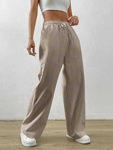 Image of TOPLOT Women's Linen Blend Wide Leg Palazzo Pants | Elastic Drawstring Waist Trousers for Woman | Relaxed Fit Casual Lounge Trousers | Breathable Straight Leg Everyday Bottom Wear (5268)