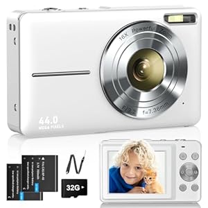 Digitalkamera 1080P Fotokamera 44MP Fotoapparat 16X Digitalzoom mit 32GB Karte 2 Akkus Digitalkamera für Kinder Student Jugendliche Anfänger Weiß