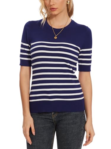 Image of Spicy Sandia Women's Short Sleeve Sweater Casual Knit Pullover Top for Summer Lightweight Blue and White Striped 2XL