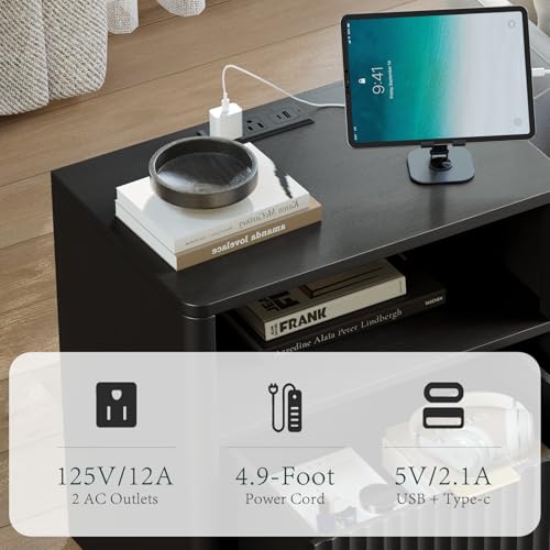 Image of Evermagin Fluted Nightstand with Charging Station, Black Bedside Table with Drawer and Storage, Wood End Table Mid Century Modern, Large Night Stand for Bedroom
